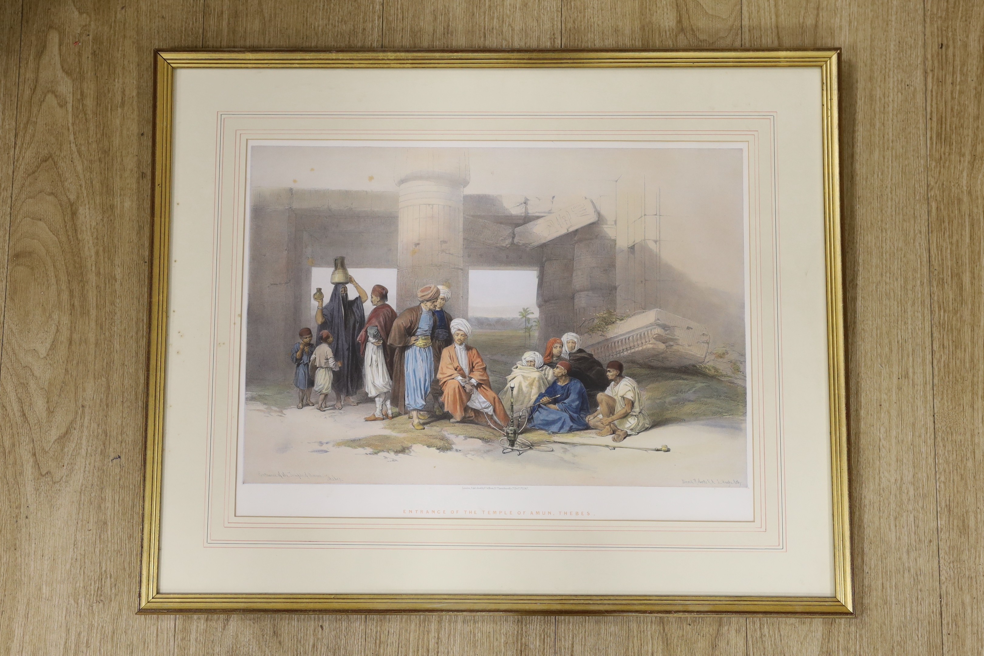 David Roberts RA, hand-coloured lithograph, 'Entrance to the Temple of Amun, Thebes', visible sheet, 37 x 49cm